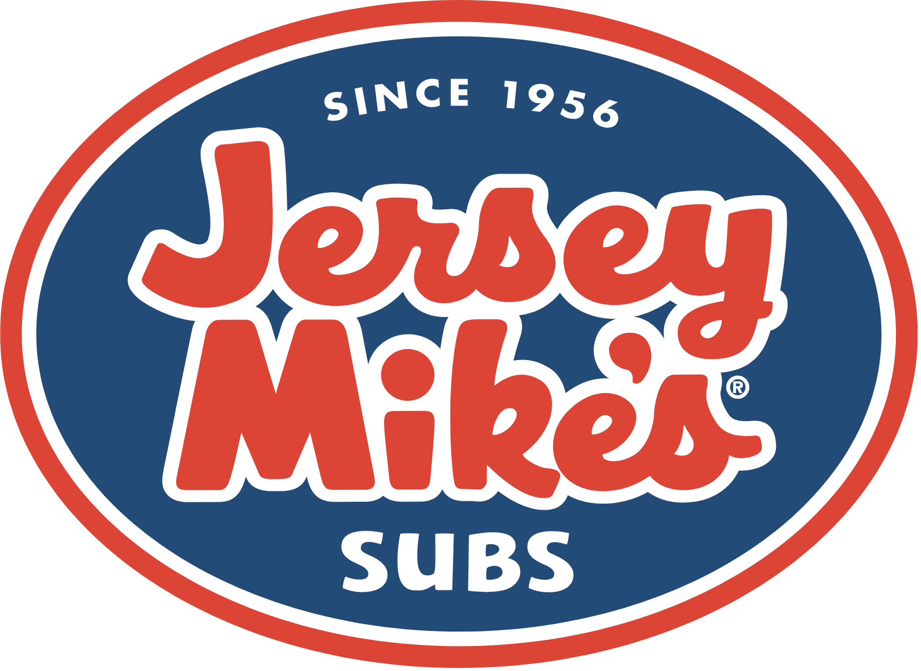Screenshot 2024-06-21 at 10.00.04 AM The Jersey Mike's Subs logo features the brand name in red text on a blue background, encircled by a white and blue border, with "Since 1956" and "Subs" written in smaller text.